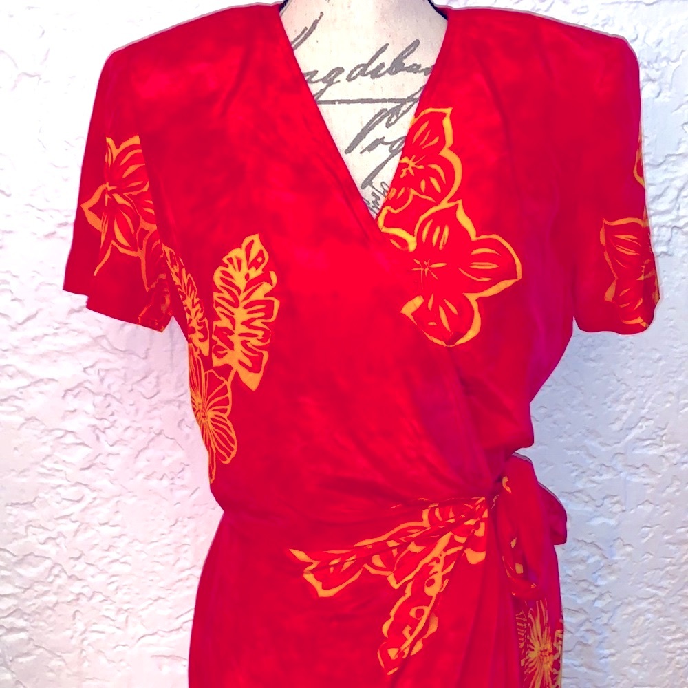 🌺Vintage Bright Tropical Floral Silk Luxe Wrap Dress